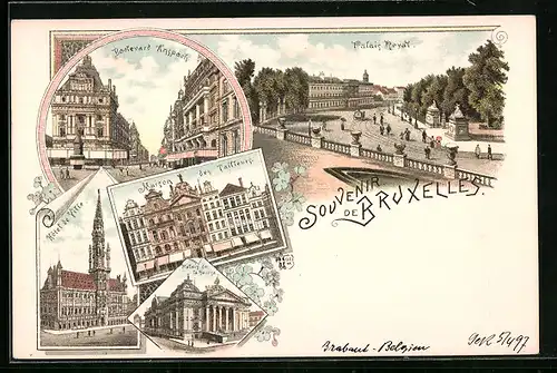 Lithographie Brüssel / Bruxelles, Boulevard Anspach, Palais Royal, Hôtel de Ville