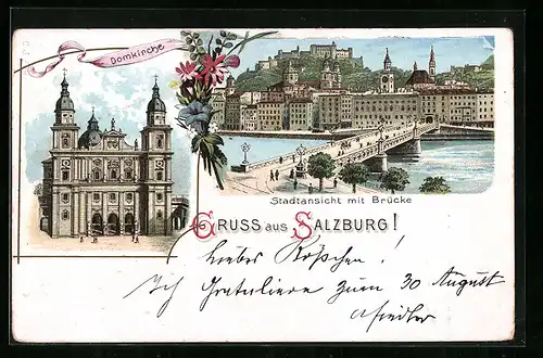 Lithographie Salzburg, Domkirche, Stadtansicht mit Brücke