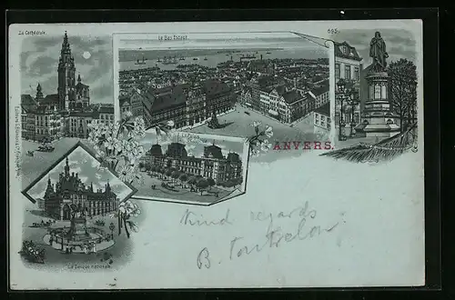Mondschein-Lithographie Anvers, La Cathedrale, Le Bas Escaut, Le Palais de Justice