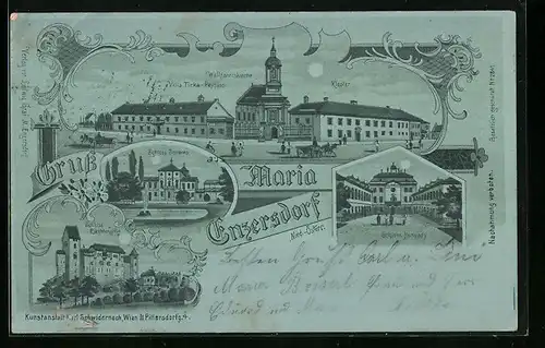 Mondschein-Lithographie Maria Enzersdorf, Wallfahrtskirche, Kloster, Schloss Liechtenstein