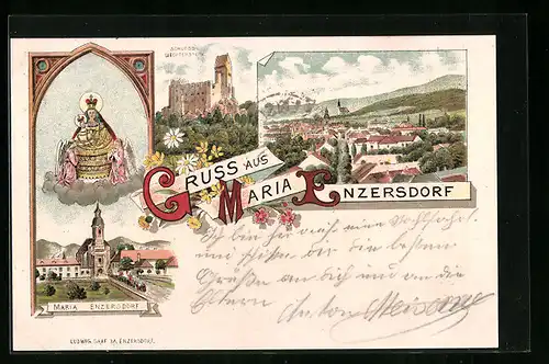 Lithographie Maria-Enzersdorf, Wallfahrtskirche, Schloss Liechtenstein, Ortsansicht