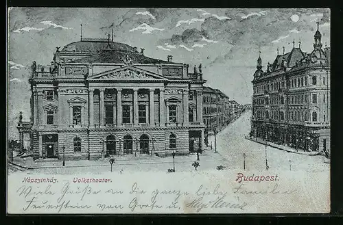 Mondschein-AK Budapest, Motiv mit dem Volkstheater