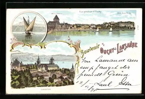 Lithographie Ouchy et Lausanne, Vue générale d`Ouchy, Hotel Beau Rivage, Barque du Lac