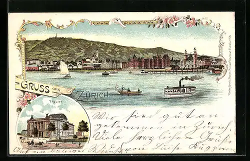 Lithographie Zürich, Dampfer auf dem See, Partie am Theater