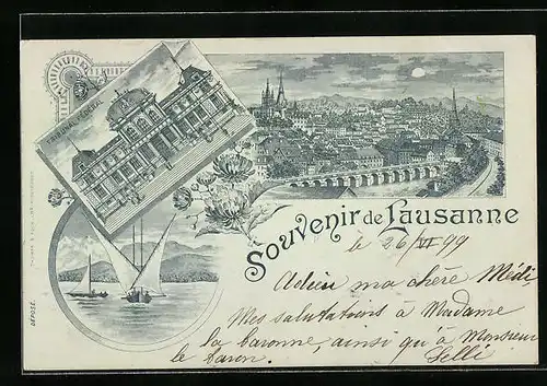 Lithographie Lausanne, Tribunal Fédéral, Teilansicht im Mondlicht