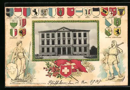 Präge-AK Pfäffikon, Schulhaus, Wappen der Kantone