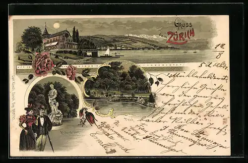 Mondschein-Lithographie Zürich, Alphornbläser, Teich