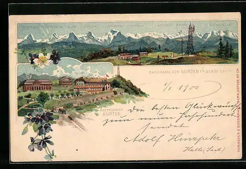 Lithographie Gurten, Restaurant auf dem Gurten, Alpenpanorama