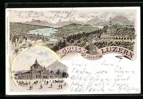 Lithographie Luzern, Ortsansicht aus der Vogelschau, Neuer Bahnhof