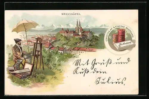 Lithographie Neuchâtel, Maler malt ein Panorama, Chocolat & Cacao Suchard