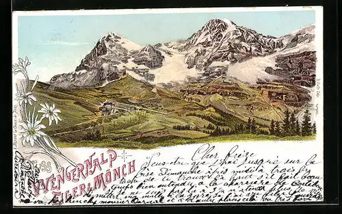 Lithographie Wengernalp, Teilansicht, Eiger und Mönch