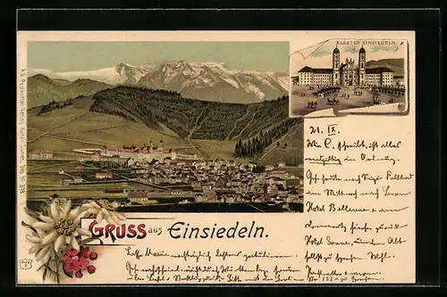 Lithographie Einsiedeln, Kloster, Gesamtansicht