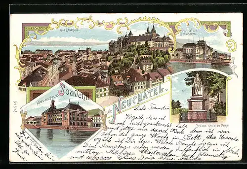 Lithographie Neuchâtel, Vue Generale, Hotel des Postes, Statue David de Pury
