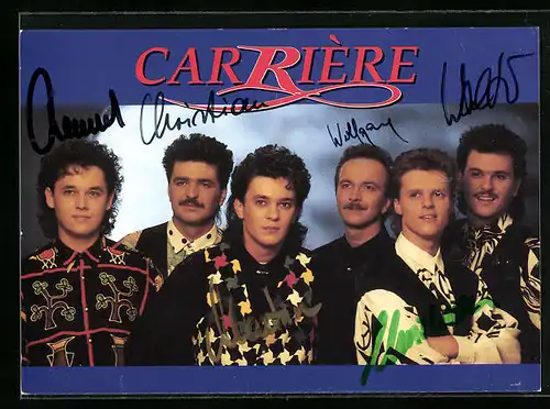 AK Musiker der Gruppe Carrière in bunten Hemden, Autograph