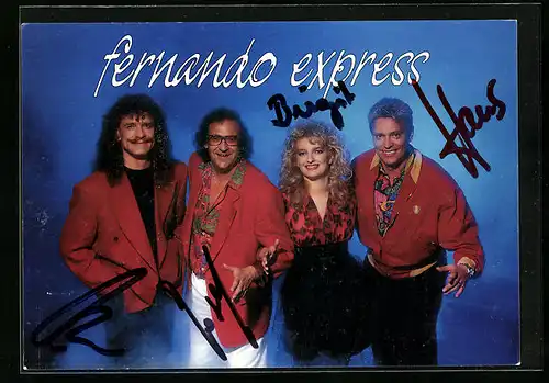 AK Musiker der Gruppe Fernando Express in roter Kleidung, Autograph