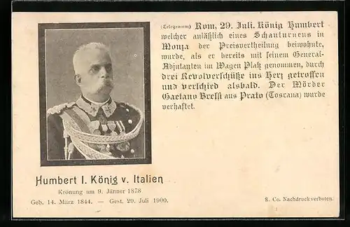 AK König Umberto von Italien, Todesanzeige, Geschichte des Mordes