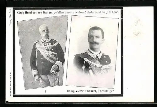 AK König Umberto von Italien und sein Nachfolger König Victor Emanuel, Trauerkarte
