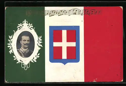 AK König von Italien und Wappen auf Nationalfahne