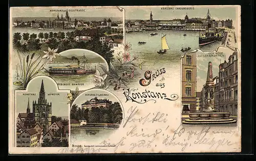 Lithographie Konstanz, Landungssteg, Der neue Kaiserbrunnen, Münster, Schloss Meinau