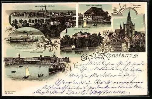 Lithographie Konstanz, Schloss Mainau, Landungssteg, Bodensee-Dampfer