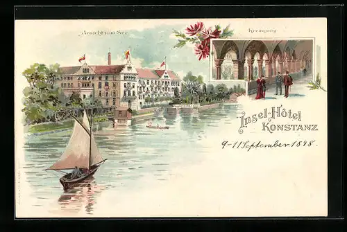 Lithographie Konstanz, Insel-Hotel, Ansicht vom See, Kreuzgang