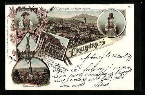 Lithographie Freiburg i. B., Volkstrachten Elzach und Gutach, Münster, Gesamtansicht