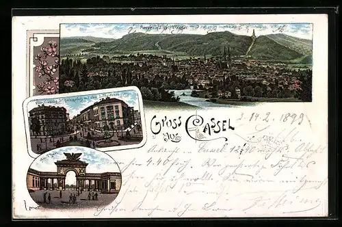 Lithographie Kassel, Panorama, Der Friedrich Wilhelmsplatz mit dem Löwenbrunnen, Au-Tor