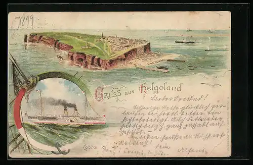 Lithographie Helgoland, Schiff Cobra, Gesamtansicht der Insel
