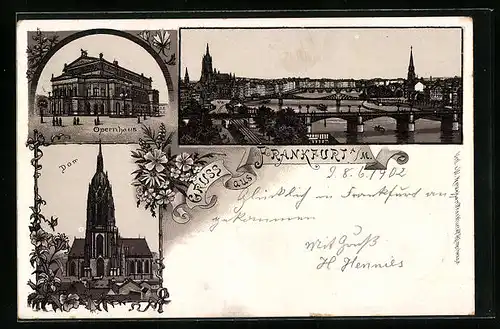 Lithographie Frankfurt a. M., Totalansicht, Opernhaus, Dom