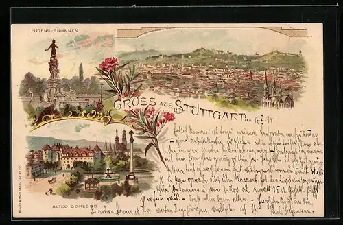 Lithographie Stuttgart, Totalansicht, Eugens-Brunnen, Altes Schloss