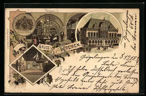 Lithographie Bremen, Ratskeller, Rathaus mit Innenansicht, Bachusfass