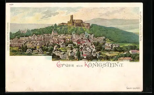 Lithographie Königstein i. T., Gesamtansicht mit Burg
