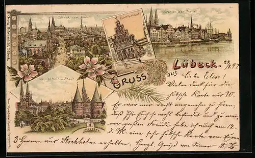 Lithographie Lübeck, Schifferhaus, Hafen der Trave, Holstenthor