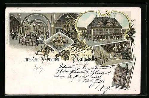 Lithographie Bremen, Gasthaus Ratskeller, Rathaus