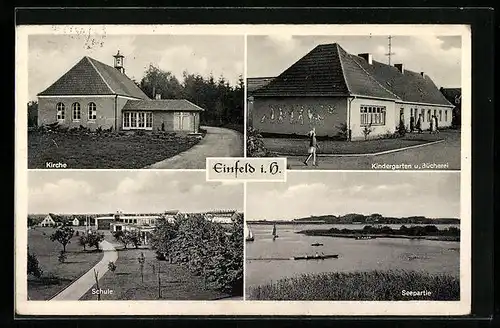 AK Einfeld, Kirche, Kindergarten und Bücherei, Schule, Seepartie