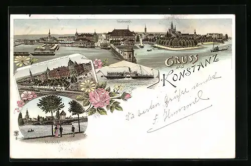 Lithographie Konstanz, Totalansicht, Rheinbrücke