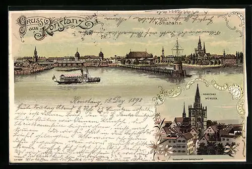 Lithographie Konstanz, Gesamtansicht, Konstanz Münster