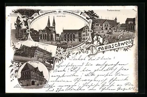 Lithographie Braunschweig, Finanzgebäude, Alte Waage, Marktplatz