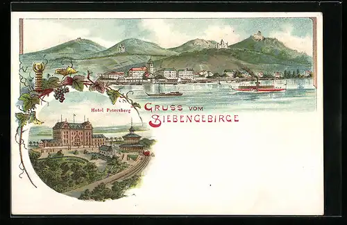 Lithographie Siebengebirge, Gesamtansicht und Hotel Petersberg