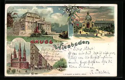 Lithographie Wiesbaden, Evang. Kirche, Kochbrunnen