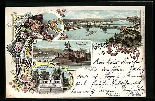 Lithographie Coblenz, Kaiser Wilhelm Denkmal, Totalansicht