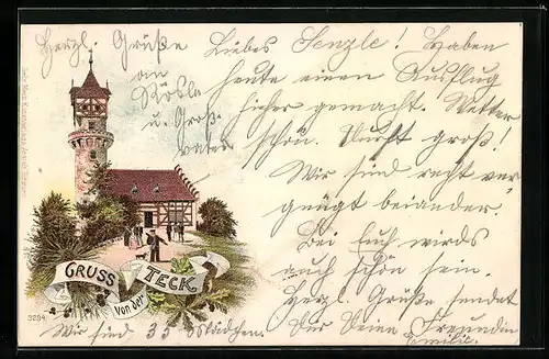 Lithographie Teck, Blick auf Turm