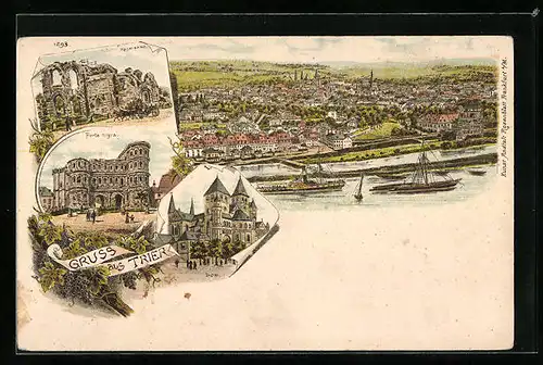 Lithographie Trier, Totalansicht, Porta nigra