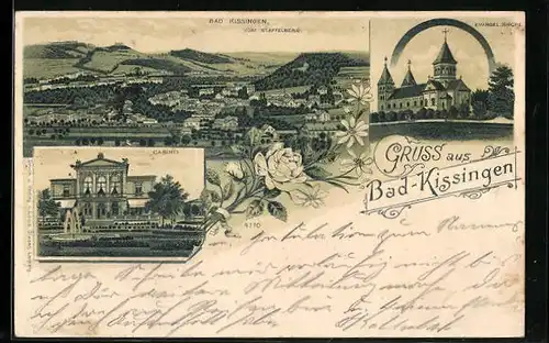 Lithographie Bad Kissingen, Ortsansicht vom Staffelberg aus, Casino