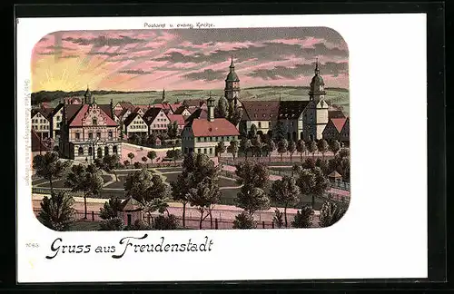 Lithographie Freudenstadt, Ortsansicht mit Post und evang. Kirche