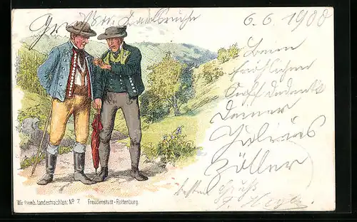 Lithographie Freudenstadt-Rottenburg, Wanderer in württembergischer Tracht