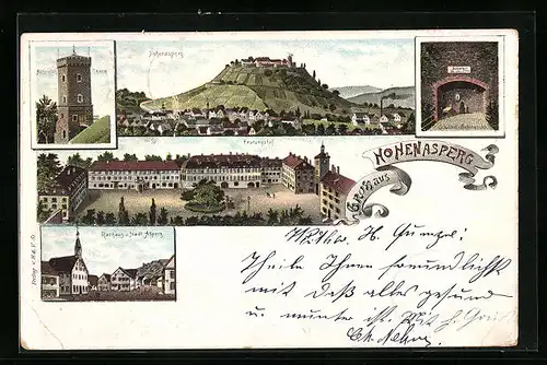 Lithographie Hohenasperg, Ortsansicht, Festungshof, Rathaus und Haus Stadt Asperg