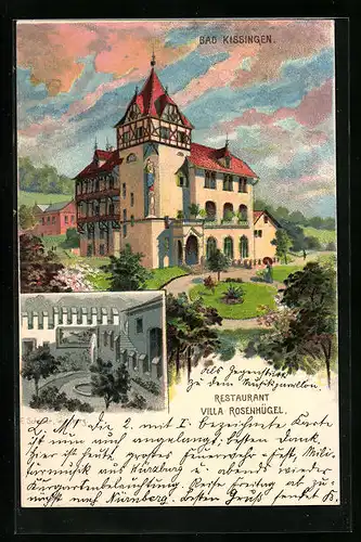 Lithographie Bad Kissingen, Restaurant Villa Rosenhügel mit Anlagen und Hofansicht