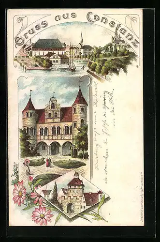 Lithographie Constanz, Teilansicht, Ortspartie mit Tordurchgang, Turmgebäude