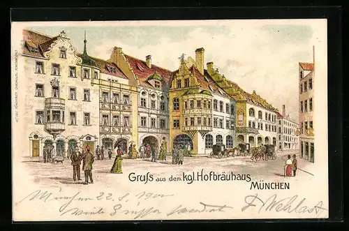 Lithographie Strassenpartie mit Münchner Hofbräuhaus
